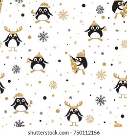 Seamless background with penguins and snowflakes