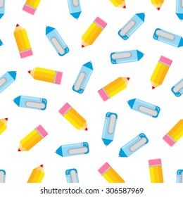 Seamless background of pens and pencils. Vector illustration.