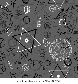 Seamless background with pentacles and magic symbols on grey. Hand drawn vector illustration. 