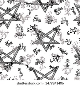 Seamless background with pentagram and alchemy symbols on white. Vector engraved illustration in gothic and mystic style. No foreign language, all signs are fantasy