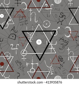 Seamless background with pentagram and mystic signs. Line art vector with magic symbols. Doodle evil and satanic illustration, halloween hand drawn repeated background