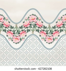 Seamless background with peonies border and geometric ornament. Watercolor on a substrate. Vector illustration imitates traditional Chinese ink painting.