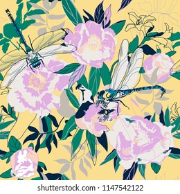 seamless background with peony and dragonfly