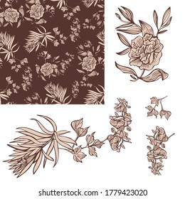 Seamless background with peony flowers  on brown background. Graphic hand drawn floral pattern. Textile fabric design. - Vector.