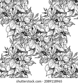 Seamless background with peony flowers on white background. Graphic hand drawn floral pattern. Textile fabric design. - Vector.