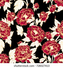 Seamless background with peony flowers. Vector illustration imitates traditional Chinese ink painting. Graphic hand drawn floral pattern. Textile fabric design. Gold inking.