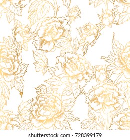 Seamless background with peony flowers. Vector illustration imitates traditional Chinese ink painting. Graphic hand drawn floral pattern. Textile fabric design. Golden inking.