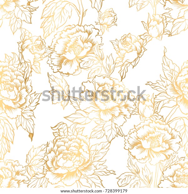 シームレスな背景に牡丹の花 中国の伝統的な墨絵を模したベクターイラスト グラフィック手描きの花柄 織物のデザイン 金色の手描き のベクター画像素材 ロイヤリティフリー