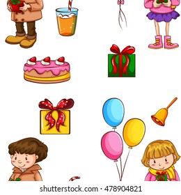 Nahtloser Hintergrund mit Leuten und Partyobjekten - Illustration