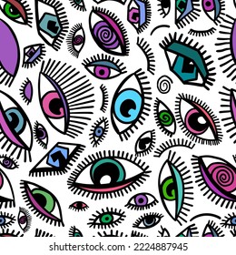 Seamless background of people's eyes. Vector illustration Abstract witch look. Printing on fabric. Hand-drawn all-seeing divine eye.