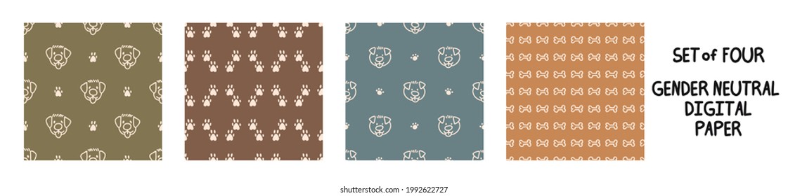 Seamless background pet dog gender neutral set of 5 patterns. Whimsical minimal earthy 2 tone color. kids nursery wallpaper or boho cartoon pet fashion all over print.