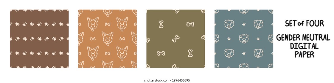 Seamless background pet dog gender neutral set of 5 patterns. Whimsical minimal earthy 2 tone color. kids nursery wallpaper or boho cartoon pet fashion all over print.