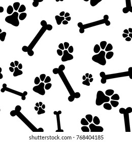 Seamless background - pet paw print and bone. Vector illustration.