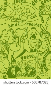 seamless background with pets, many farm animals, funny animals, text, freehand drawing, chicken, cow, sheep, horse, sparrow, dog, cat, duck, goose, chicken, goat, dog, rooster, pig, chicken, sparrow