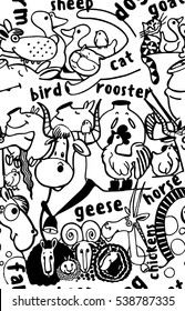 seamless background with pets, many farm animals, funny animals, text, freehand drawing, chicken, cow, sheep, horse, sparrow, dog, cat, duck, goose, chicken, goat, dog, rooster, pig, chicken, sparrow