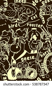 seamless background with pets, many farm animals, funny animals, text, freehand drawing, chicken, cow, sheep, horse, sparrow, dog, cat, duck, goose, chicken, goat, dog, rooster, pig, chicken, sparrow