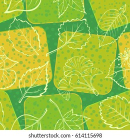 Seamless Background with Pictogram Leaves of Various Plants, Trees and Shrubs, Confetti and Squares, Abstract Nature Pattern. Eps10, Contains Transparencies. Vector
