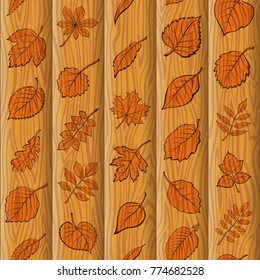 Seamless Background with Pictogram Leaves of Various Plants, Trees and Shrubs on Brown Wooden Wall, Tile Nature Pattern for Your Design. Eps10, Contains Transparencies. Vector
