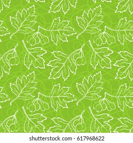 Seamless Background with Pictogram White Leaves of Hawthorn Tree, Tile Green Nature Pattern. Vector