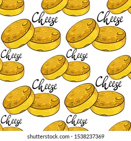 Seamless background with a picture of cheese. The inscription by hand.  