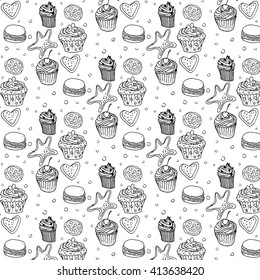 Seamless background with a picture of sweets on a white background, coloring, ink and pen