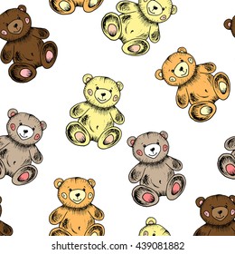 Seamless background with a picture of toy bears on a white background, children's pattern
