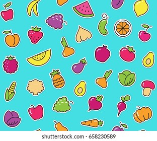 Seamless background with pictures of fruits and vegetables on the stickers
