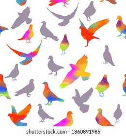 The seamless background of the pigeons. Mixed media. Vector illustration