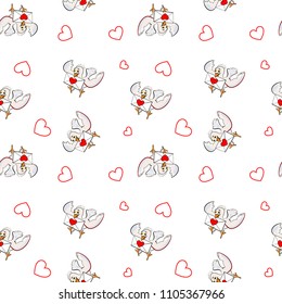 Seamless background. Pigeons on a white backgroubnd. Love letters with hearts. Cute design.