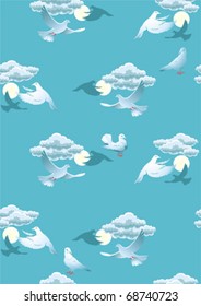 Seamless background with pigeons in the sky.