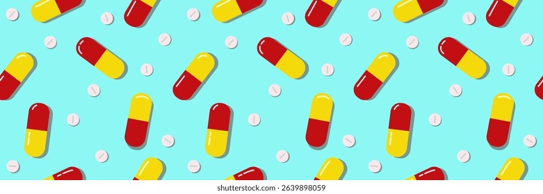 A seamless background with pills and capsules. A bright colorful medical background. Red, yellow and blue medicine background.