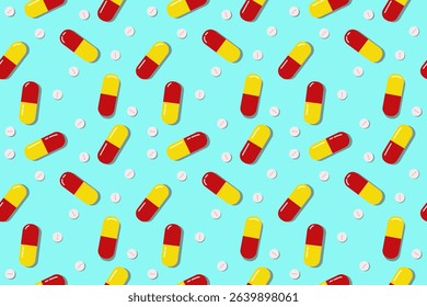 A seamless background with pills and capsules. A bright colorful medical background. Red, yellow and blue medicine background.