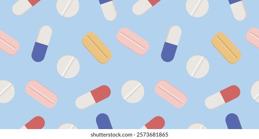 Seamless background with pills and capsules. Medical seamless pattern. Prescription drugs patterned design for print, card, brochure, wallpaper, web banner.