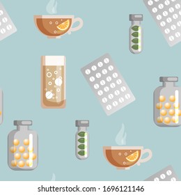 
Seamless background with pills, vitamins, tea with lemon. Various medical attributes