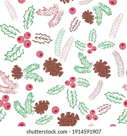 Seamless background with pine cones, fir branches and berries. Winter repeating pattern for design and packaging. Cute pattern with cedar cones, branches.