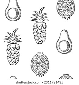 Seamless background with pineapple and avocado in hand drawn sketch style