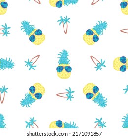 Seamless background with pineapple in glasses. Ideal for invitations, greeting cards, wrapping paper, posters, fabric prints. Vector illustration.