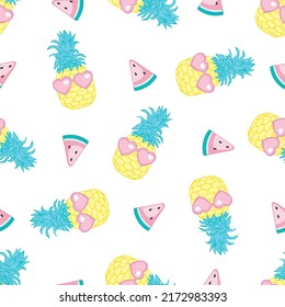 Seamless background with pineapple in glasses. Ideal for invitations, greeting cards, wrapping paper, posters, fabric prints. Vector illustration.