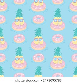 Seamless background with pineapple in glasses. Ideal for invitations, greeting cards, wrapping paper, posters, fabric prints. Vector illustration.