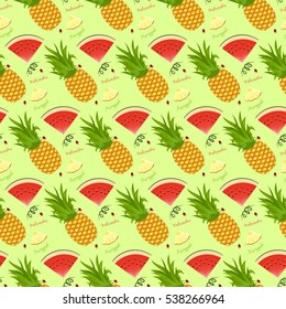 Seamless background of pineapple and watermelon slices. Pattern.