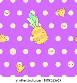 Seamless background with pineapples. Cute slices of pineapple with mugs. Tropical fruits. Summer background pattern with fruits. Fresh juicy. Fruit mood
