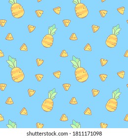 Nahtloser Hintergrund mit Ananas. Rutsche Ananas-Scheiben mit Umarmungen. Tropische Früchte. Sommerhintergrund mit Früchten. Frischer Saft. Fruchtstimmung
