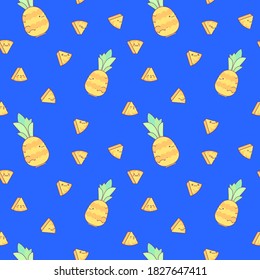 Seamless background with pineapples. Cute slices of pineapple with mugs. Tropical fruits. Summer background pattern with fruits. Fresh juicy. Fruit mood

