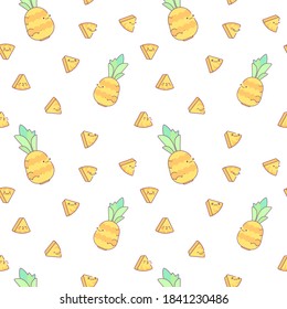 Seamless background with pineapples. Cute slices of pineapple with mugs. Tropical fruits. Summer background pattern with fruits. Fresh juicy. Fruit mood
