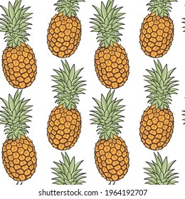 Seamless background with pineapples. Exotic fruits, solid background. Whole pineapple fruits, background illustration. Vector.