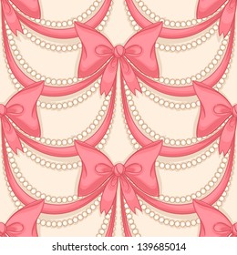 seamless background with pink bows and pearl necklace. vector illustration 