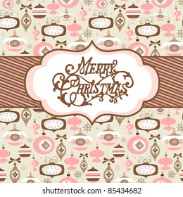 Seamless background with pink, brown and white Christmas baubles and a banner