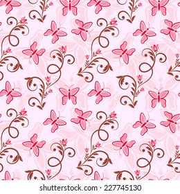 Seamless background with pink butterflies