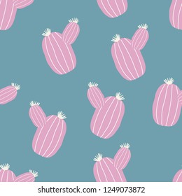 Seamless background pink cactus on a blue background. Vector illustration for printing on fabric, packaging paper, children's clothing. Cute baby background.