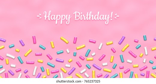 Seamless background of pink candy donut glaze with many decorative sprinkles.